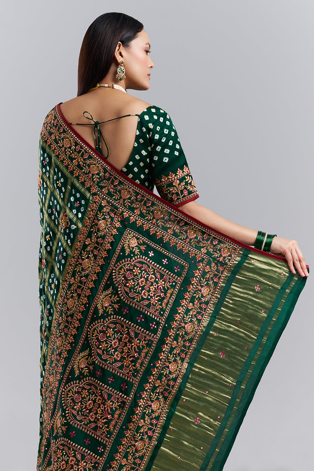 Emerald Green Bandhej Gharchola Embroidered Saree