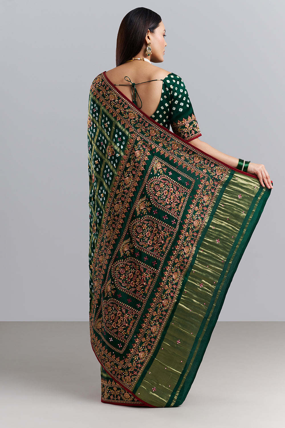 Emerald Green Bandhej Gharchola Embroidered Saree