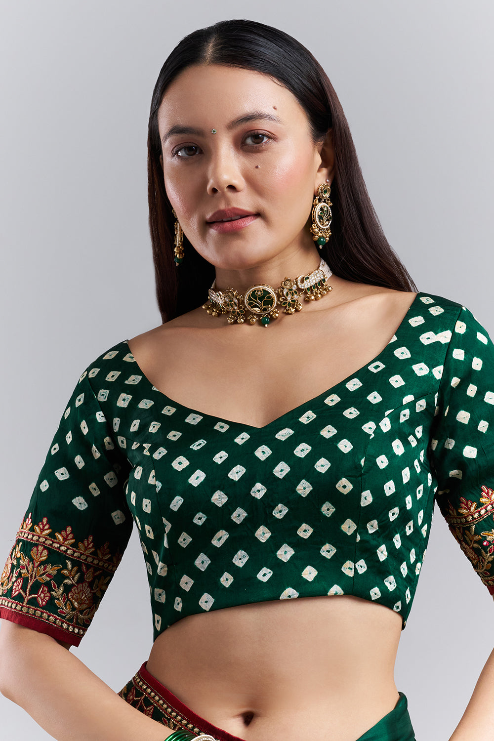 Emerald Green Bandhej Gharchola Embroidered Saree