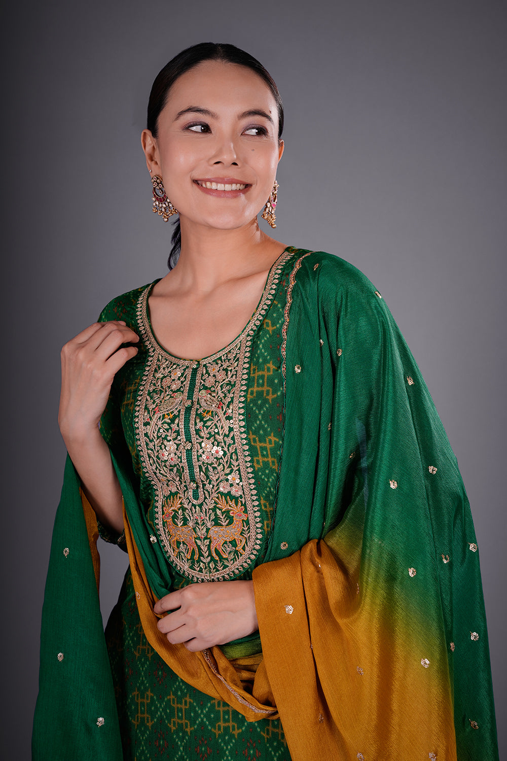 Emerald Green Crepe Printed Straight Kurta Set with Zari Embroidery