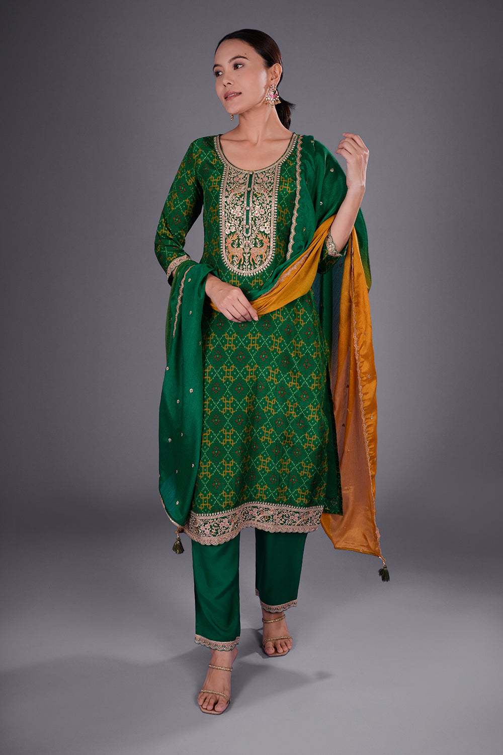 Emerald Green Crepe Printed Straight Kurta Set with Zari Embroidery