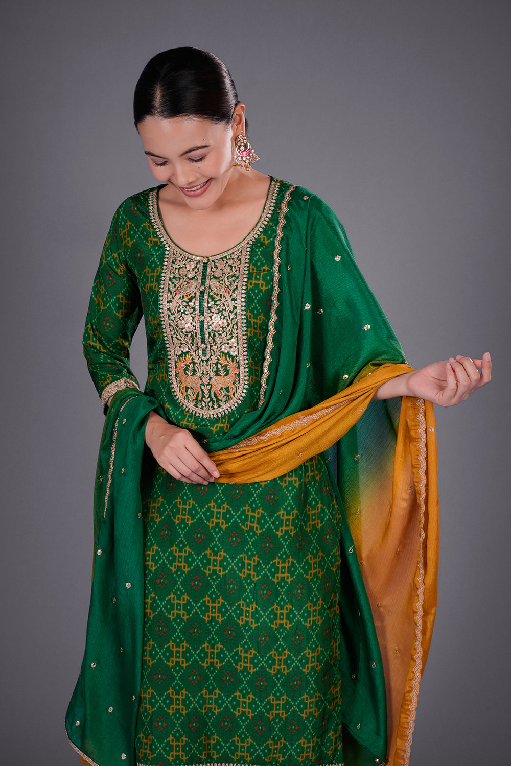 Emerald Green Crepe Printed Straight Kurta Set with Zari Embroidery