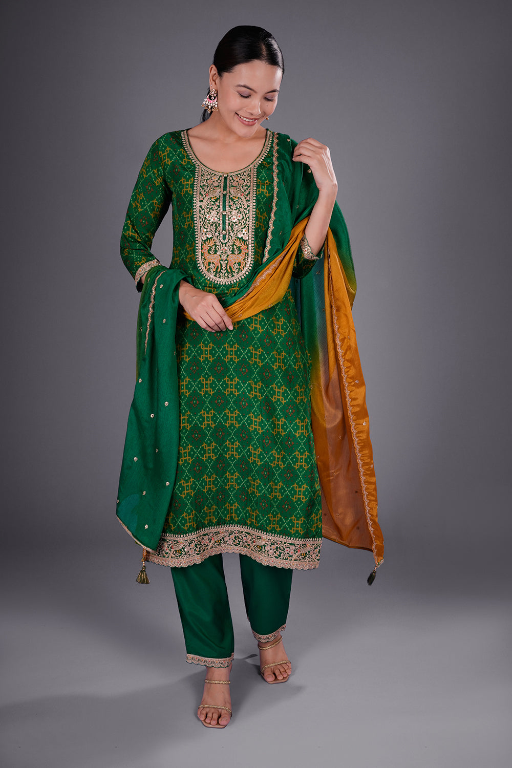 Emerald Green Crepe Printed Straight Kurta Set with Zari Embroidery