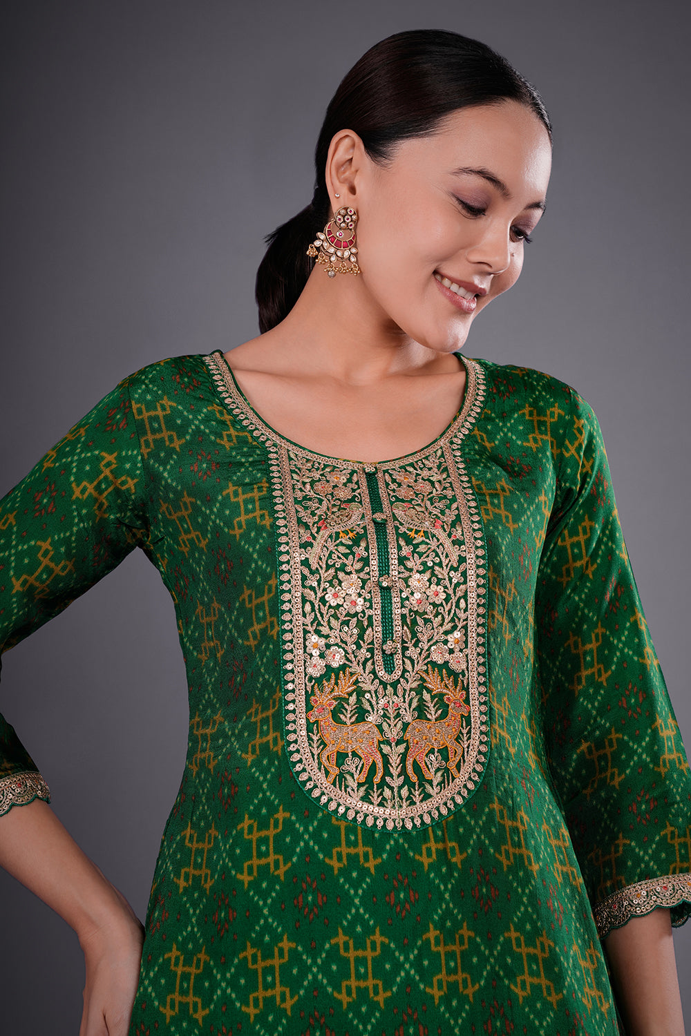 Emerald Green Crepe Printed Straight Kurta Set with Zari Embroidery
