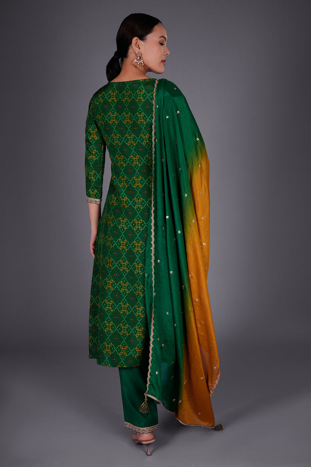 Emerald Green Crepe Printed Straight Kurta Set with Zari Embroidery