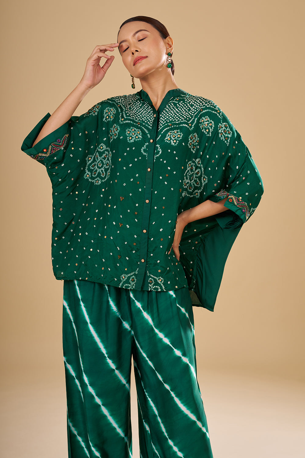 Emerald Green Modal Satin Tunic Set with Resham Embroidery