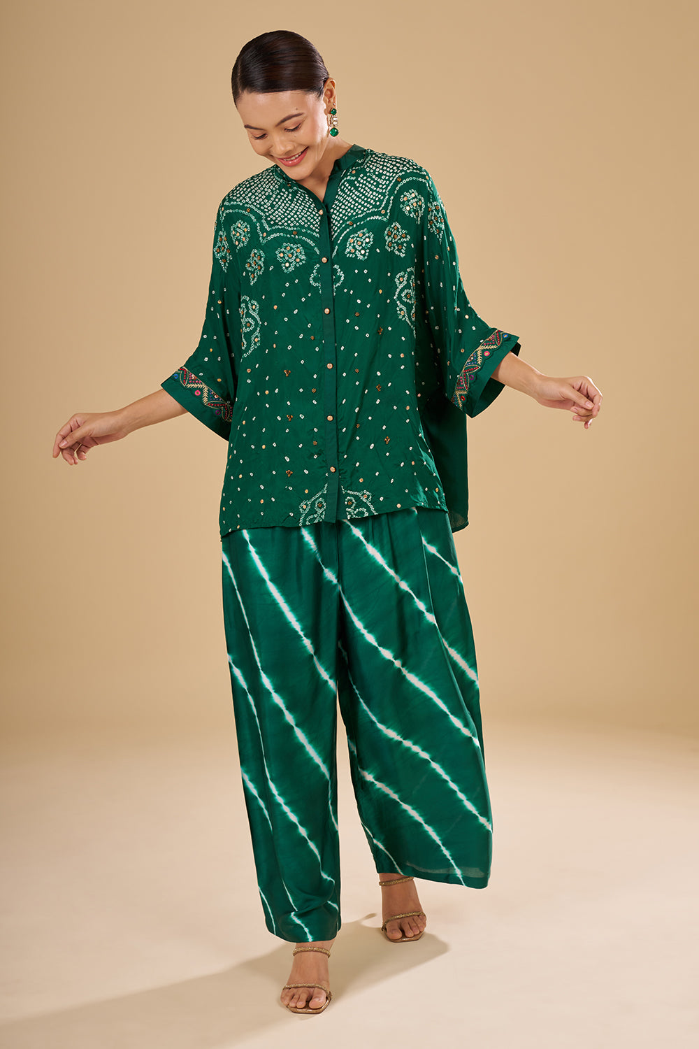 Emerald Green Modal Satin Tunic Set with Resham Embroidery