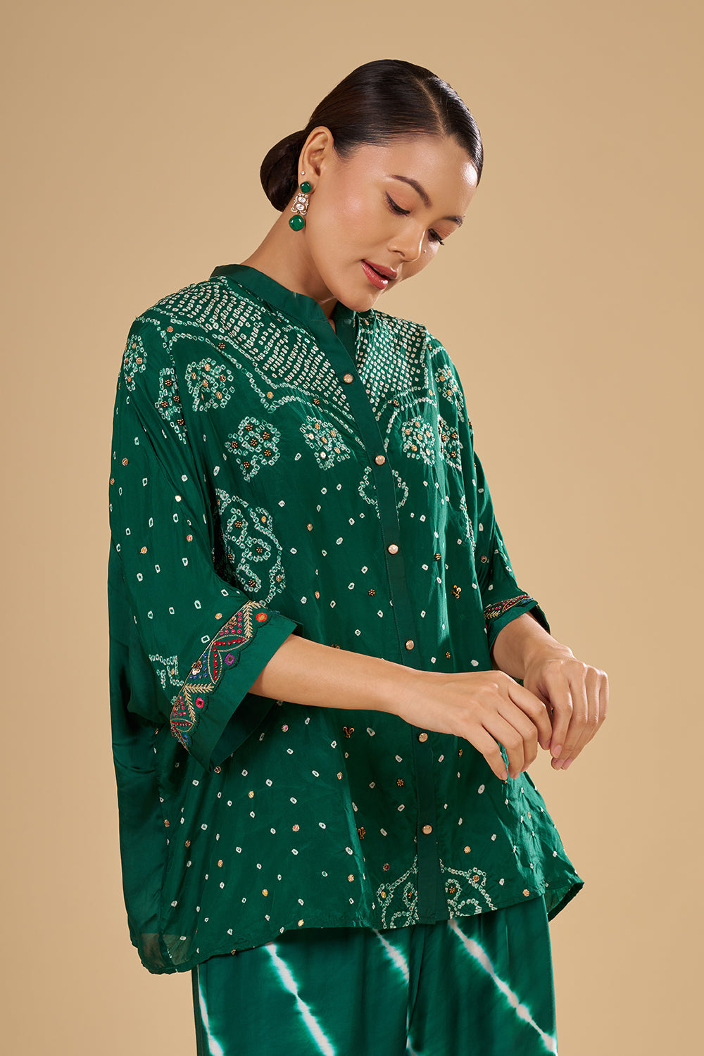 Emerald Green Modal Satin Tunic Set with Resham Embroidery