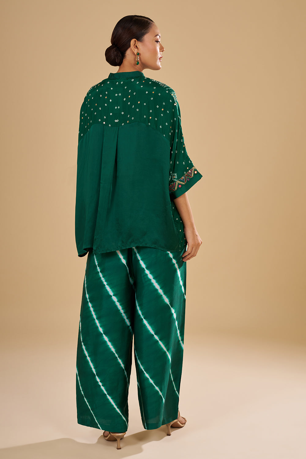 Emerald Green Modal Satin Tunic Set with Resham Embroidery