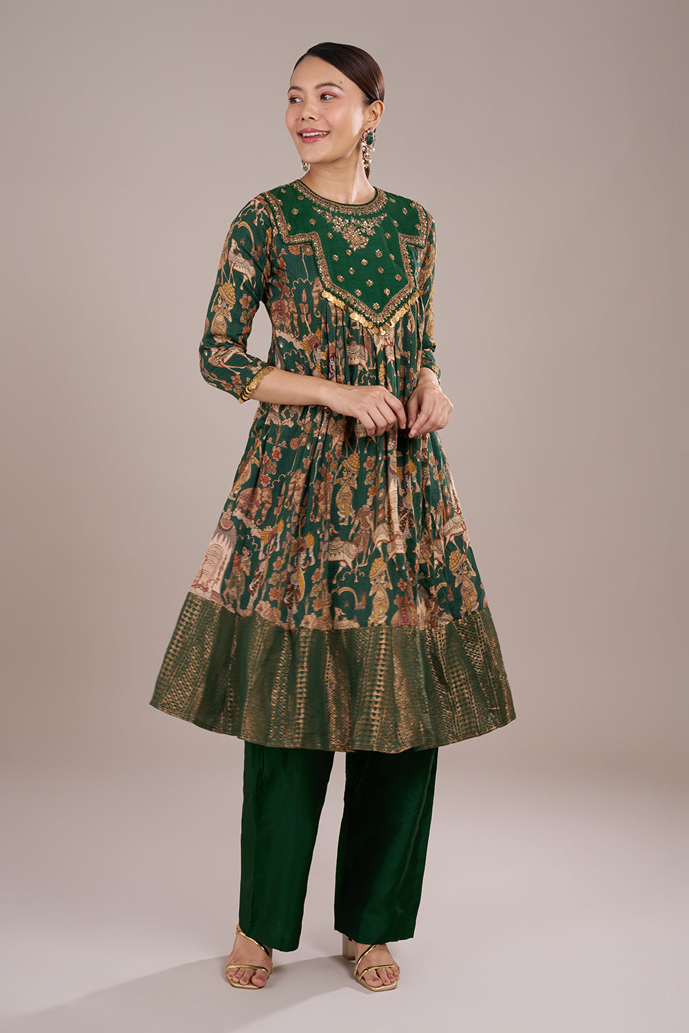 Emerald Green Silk Blend Printed Kurta Set with Zari Embroidery