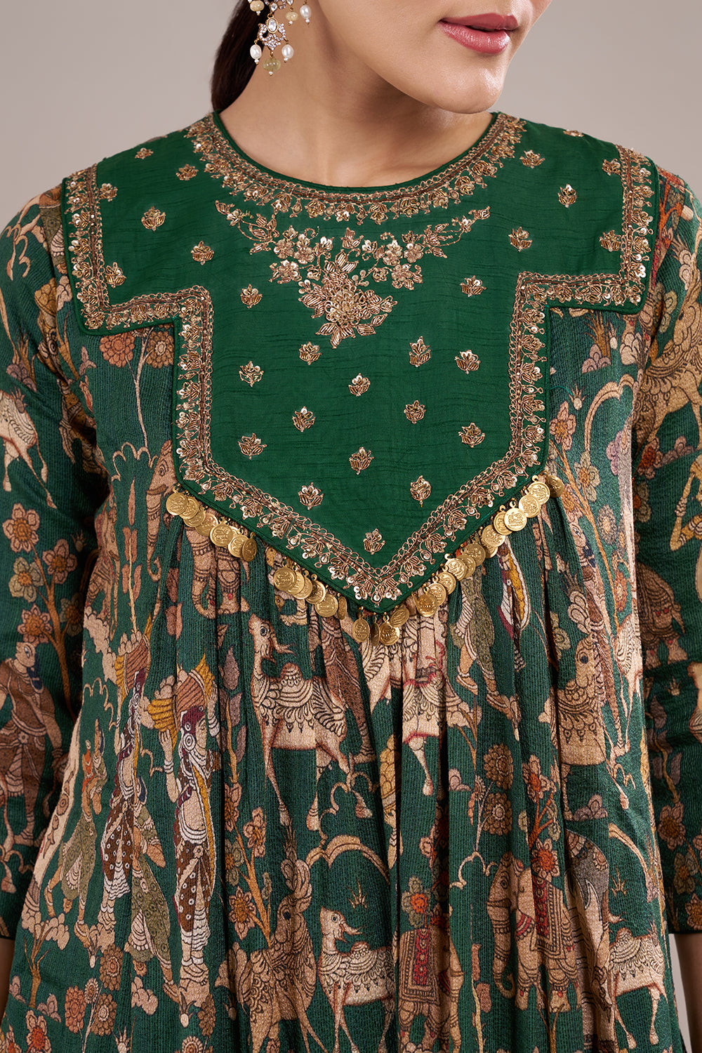 Emerald Green Silk Blend Printed Kurta Set with Zari Embroidery