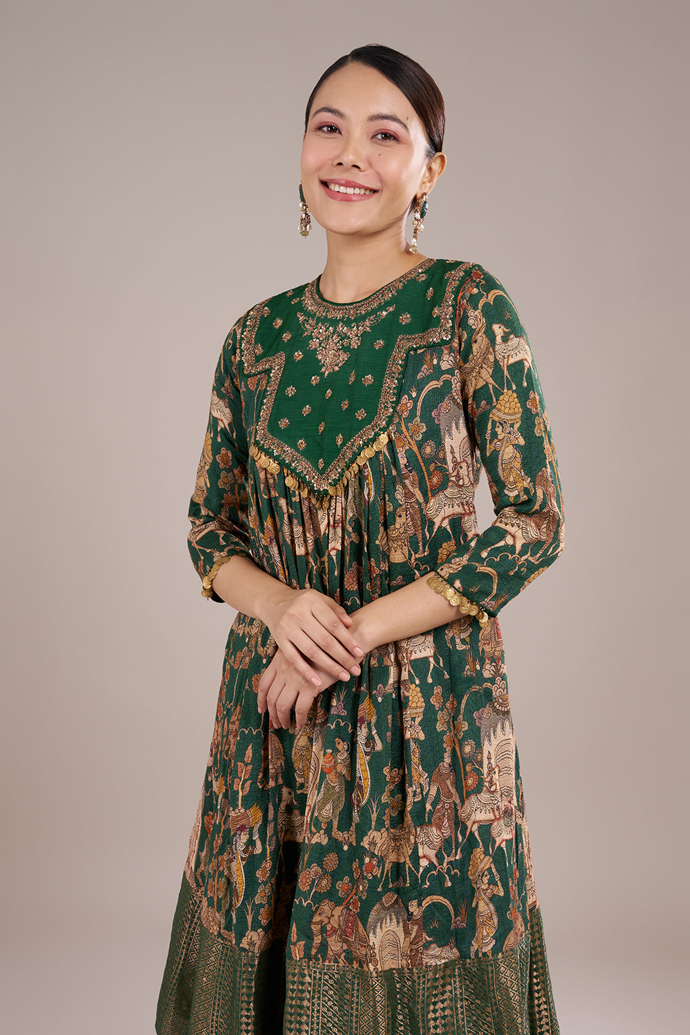 Emerald Green Silk Blend Printed Kurta Set with Zari Embroidery