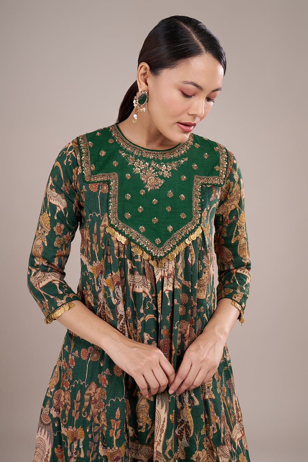 Emerald Green Silk Blend Printed Kurta Set with Zari Embroidery