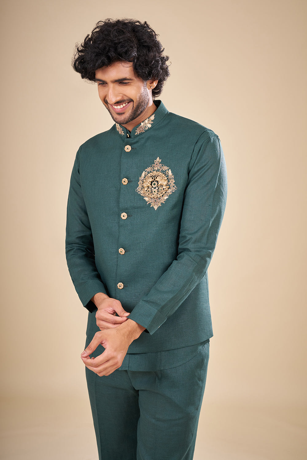 Emerald Green Linen Embroidered Bundi Set