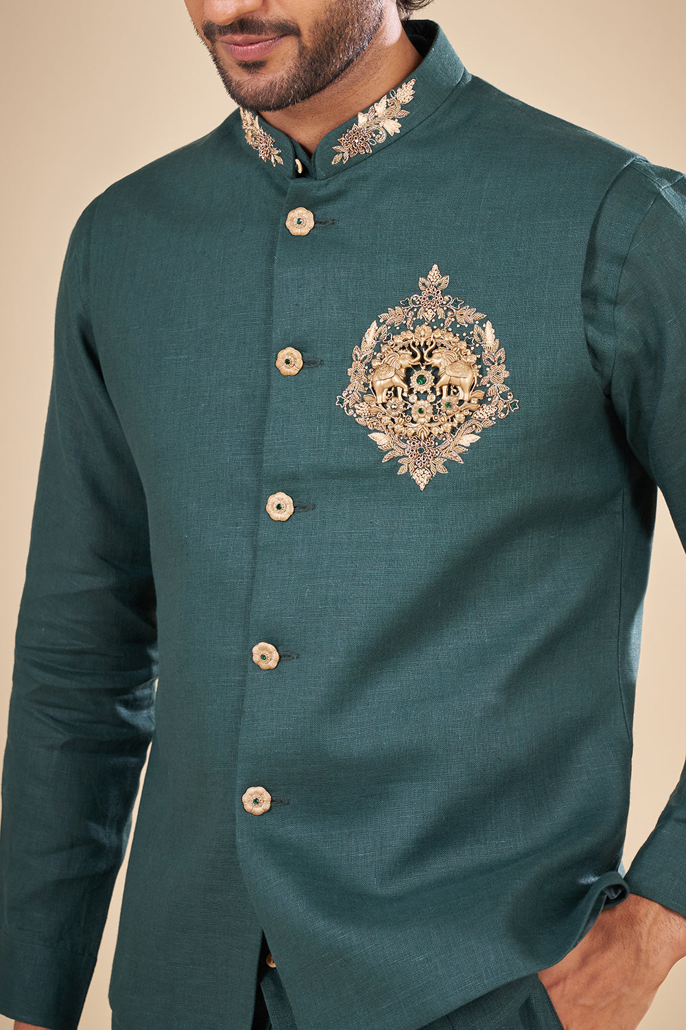 Emerald Green Linen Embroidered Bundi Set