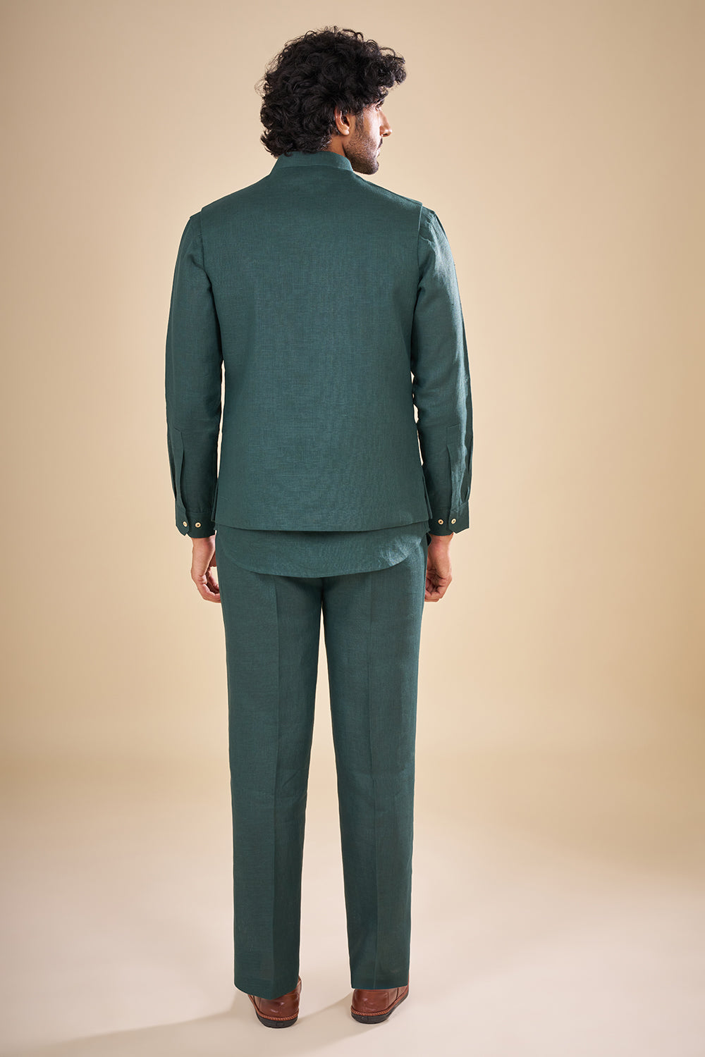 Emerald Green Linen Embroidered Bundi Set