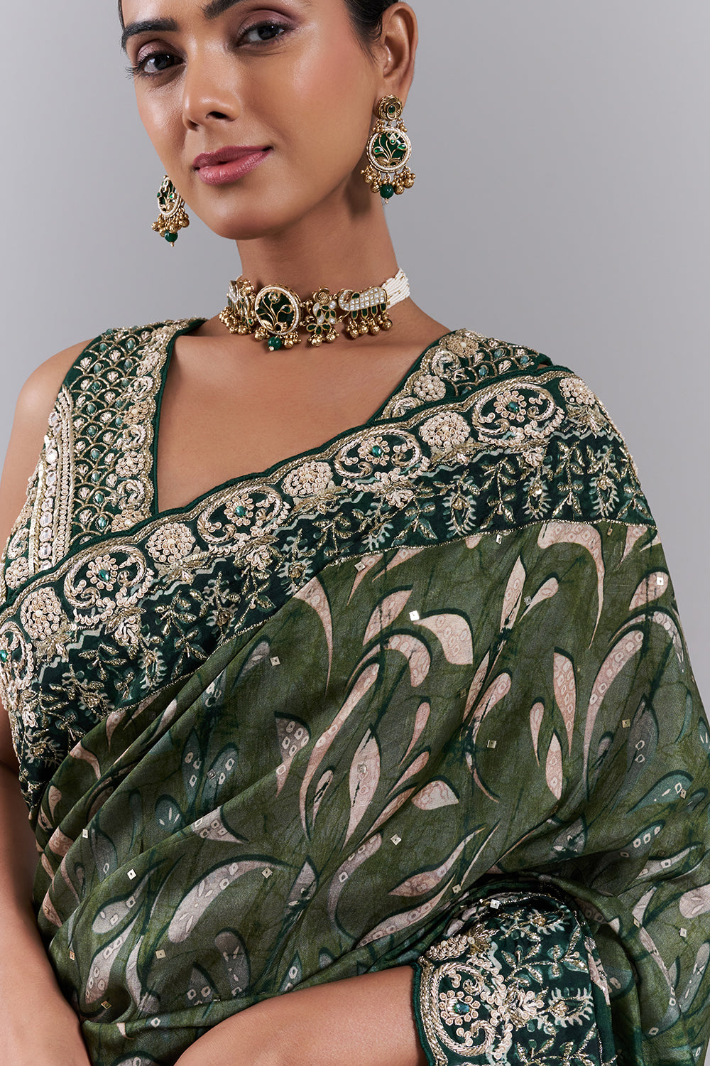 Emerald Green Tussar Silk Embellished Saree And Stitched Blouse