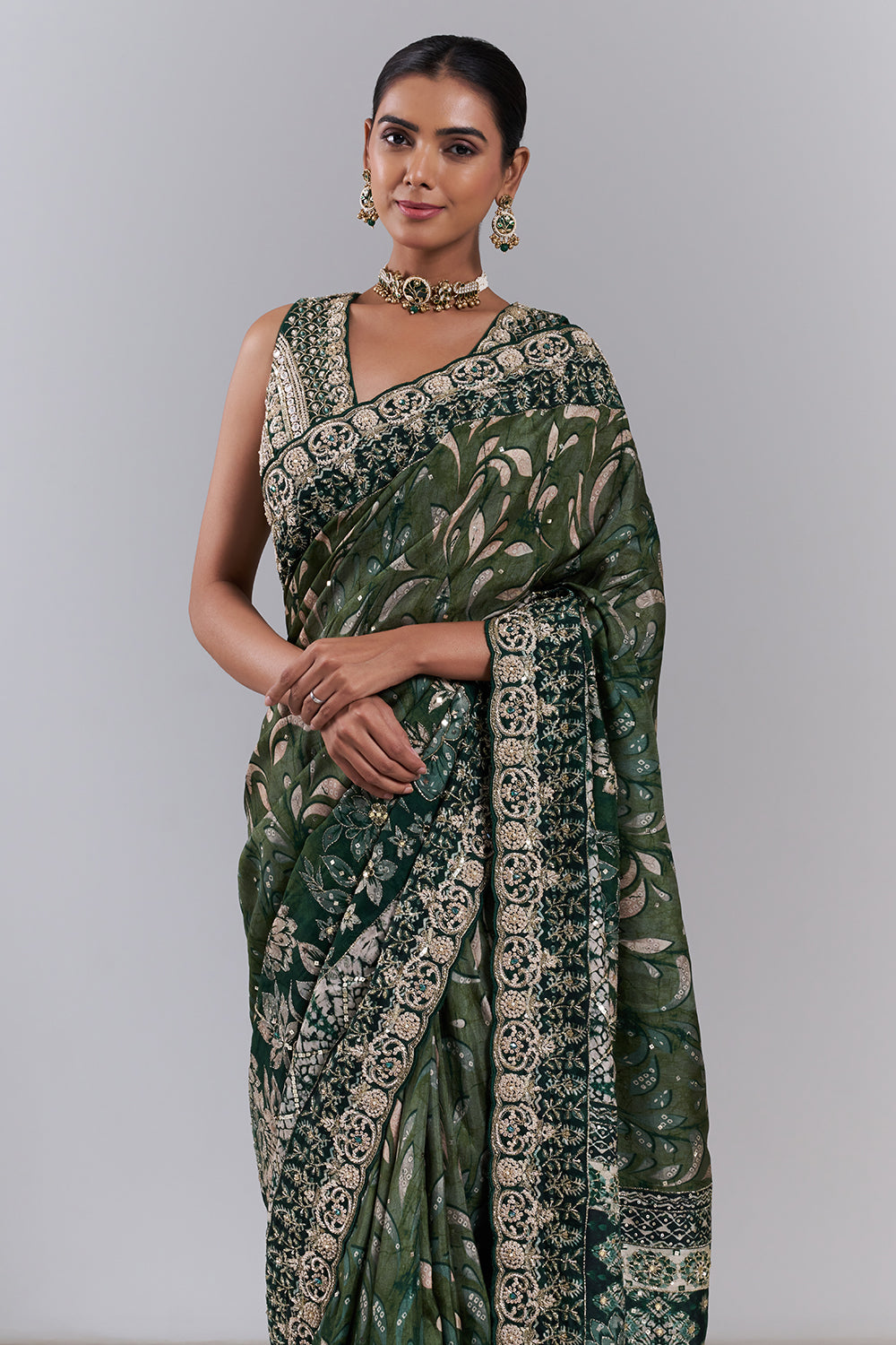 Emerald Green Tussar Silk Embellished Saree And Stitched Blouse