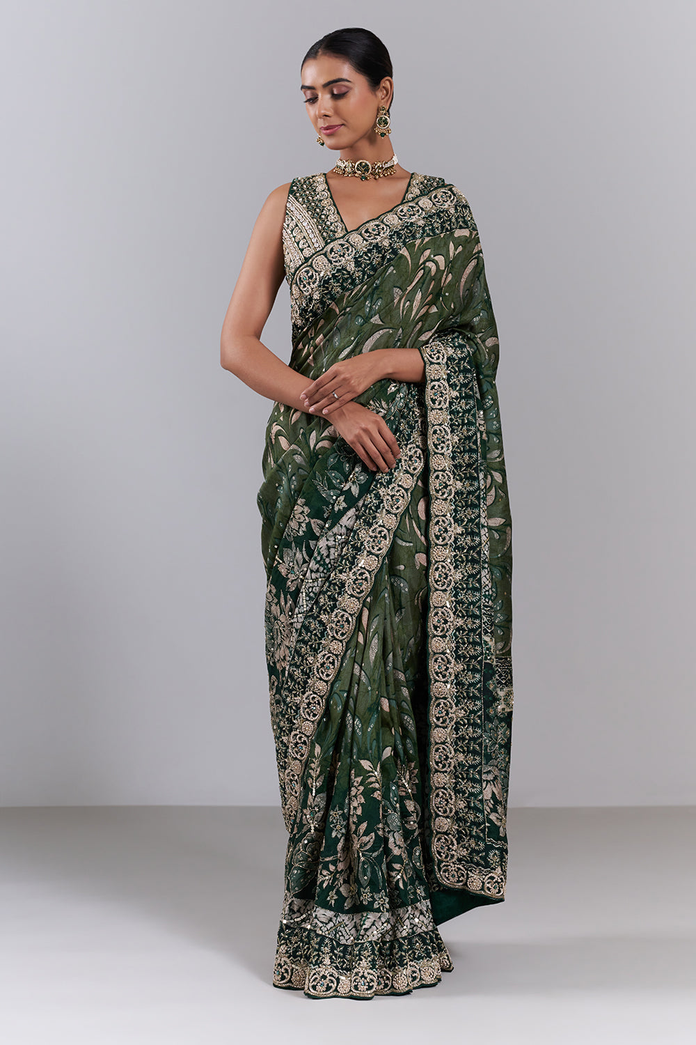 Emerald Green Tussar Silk Embellished Saree And Stitched Blouse