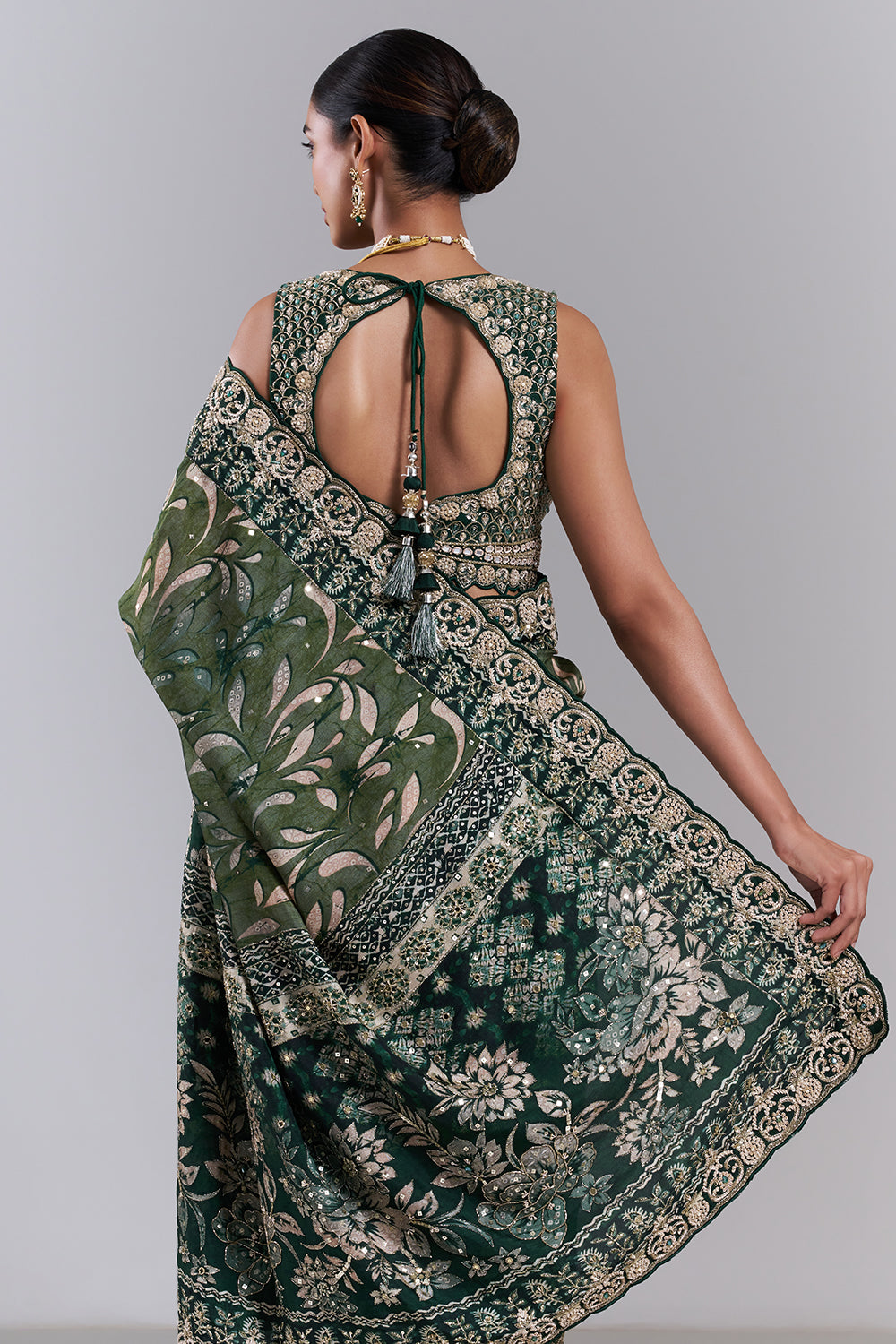 Emerald Green Tussar Silk Embellished Saree And Stitched Blouse