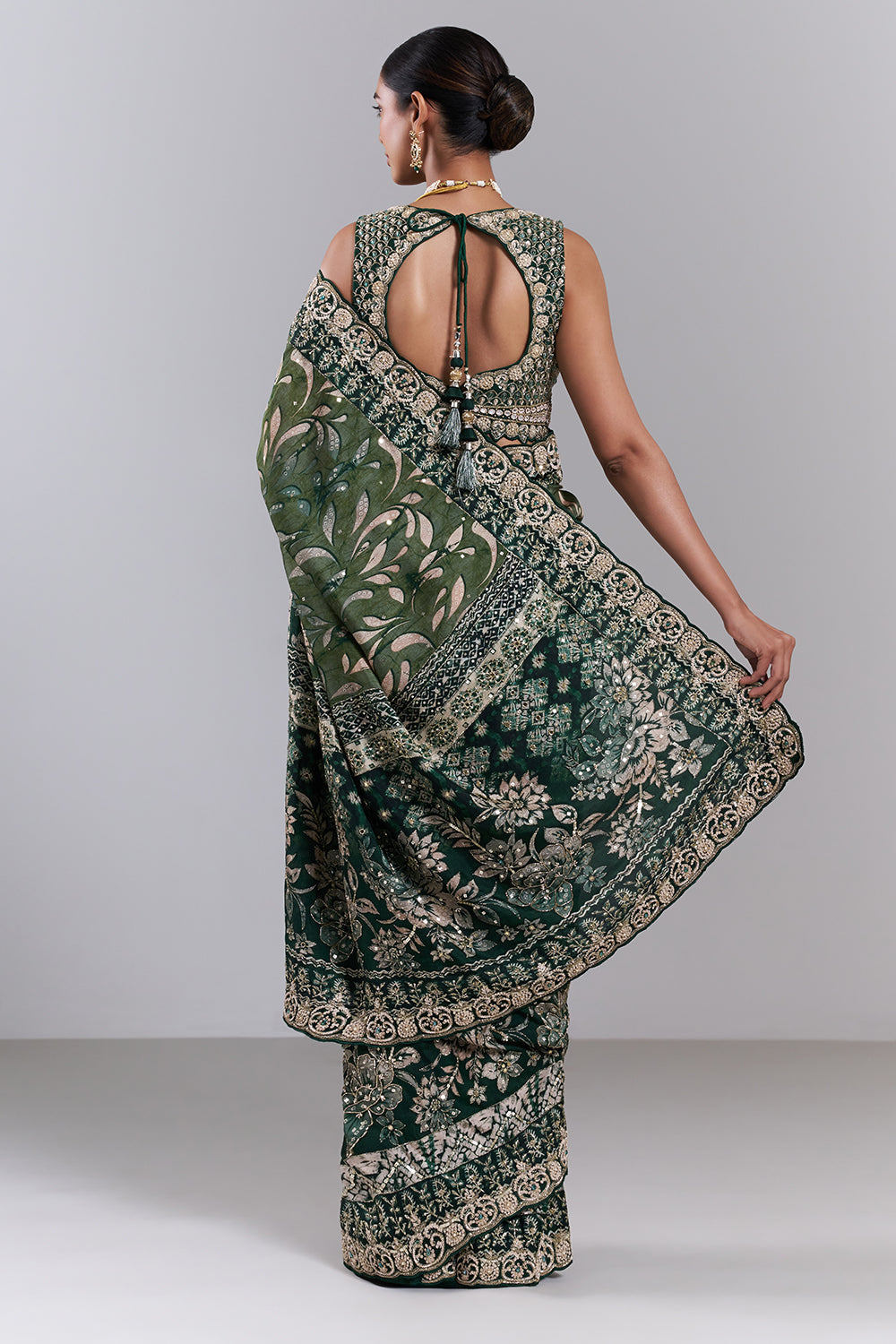 Emerald Green Tussar Silk Embellished Saree And Stitched Blouse