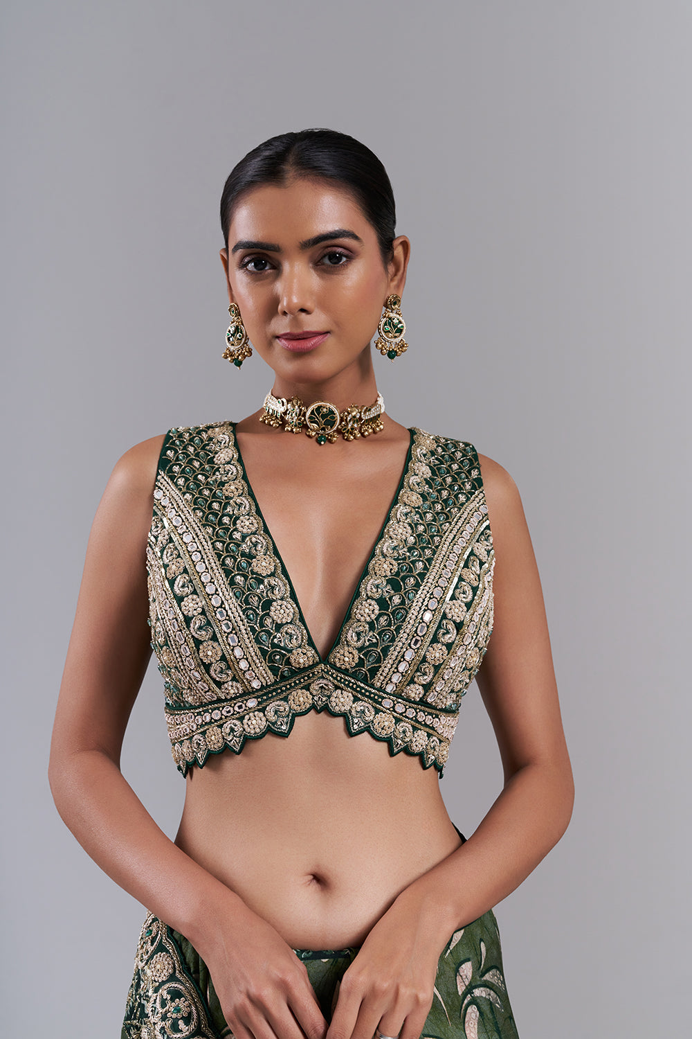 Emerald Green Tussar Silk Embellished Saree And Stitched Blouse