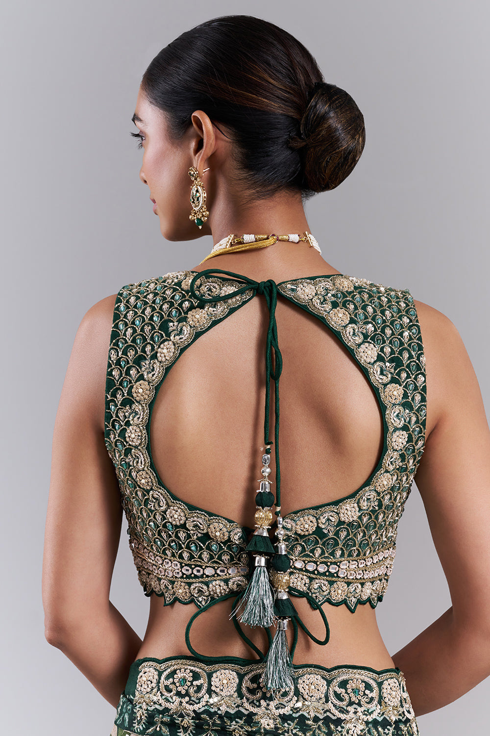 Emerald Green Tussar Silk Embellished Saree And Stitched Blouse