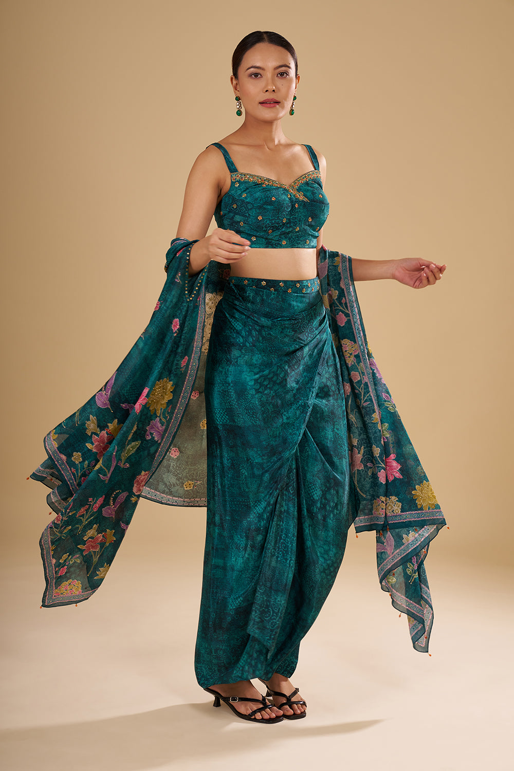 Emerald Printed Pre Draped Skirt Set with Thread Embroidery