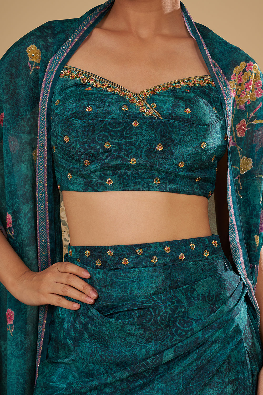 Emerald Printed Pre Draped Skirt Set with Thread Embroidery