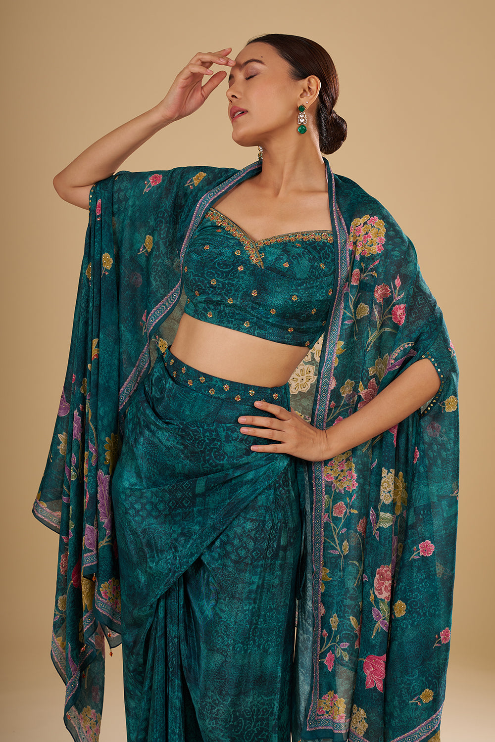 Emerald Printed Pre Draped Skirt Set with Thread Embroidery