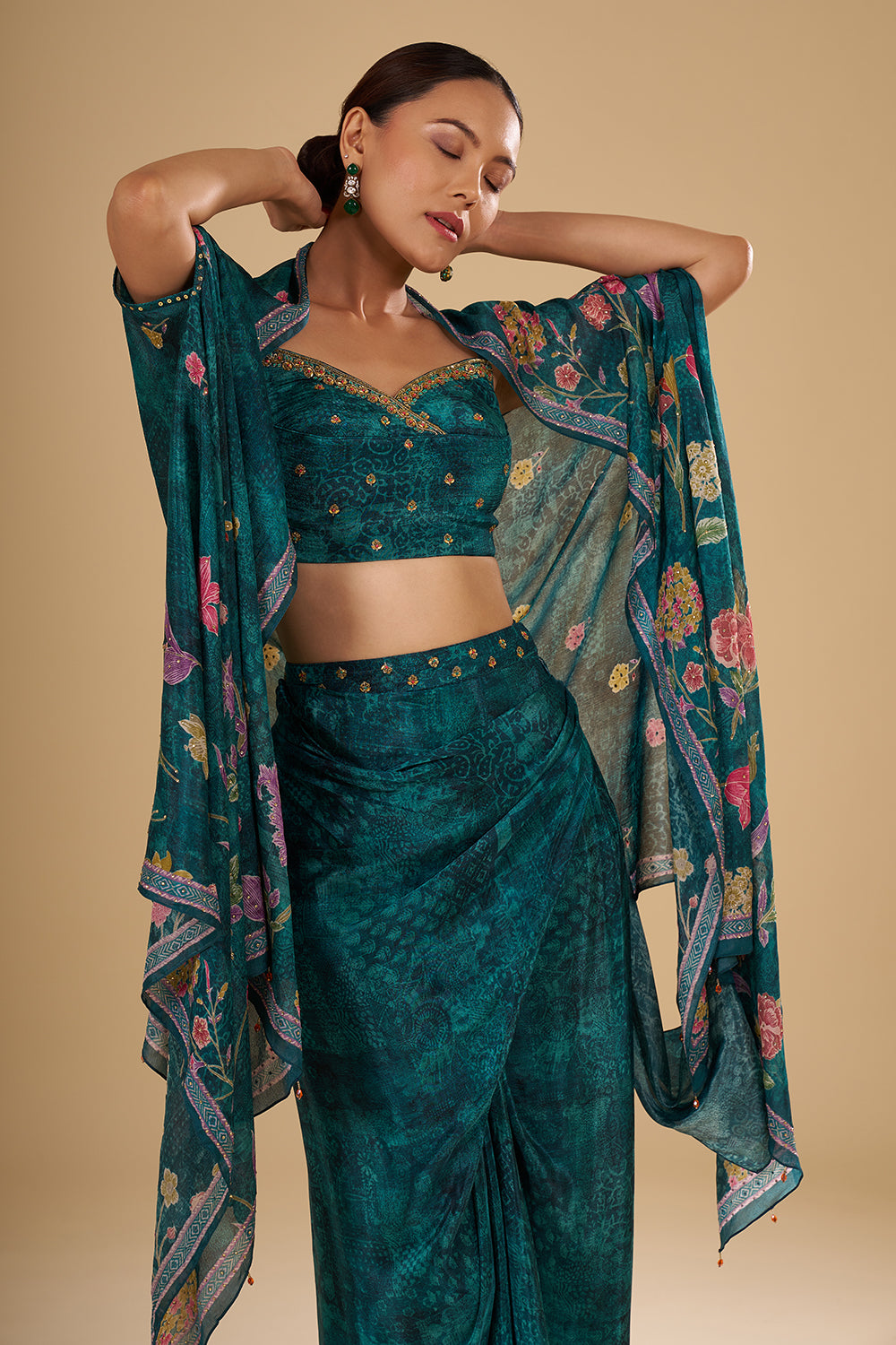 Emerald Printed Pre Draped Skirt Set with Thread Embroidery