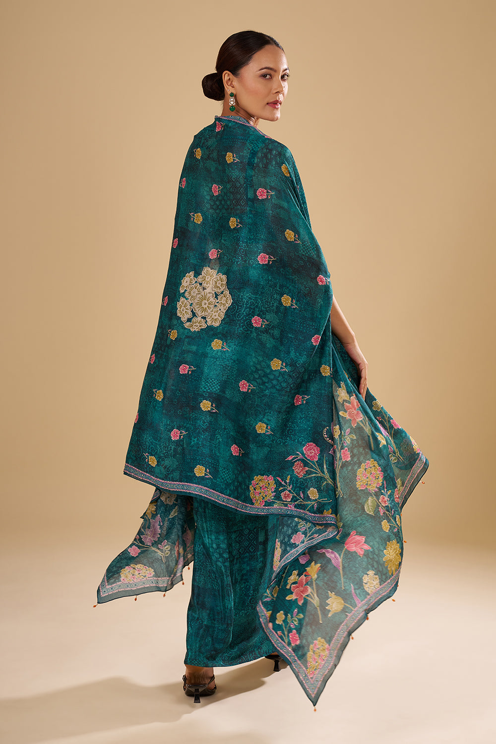 Emerald Printed Pre Draped Skirt Set with Thread Embroidery