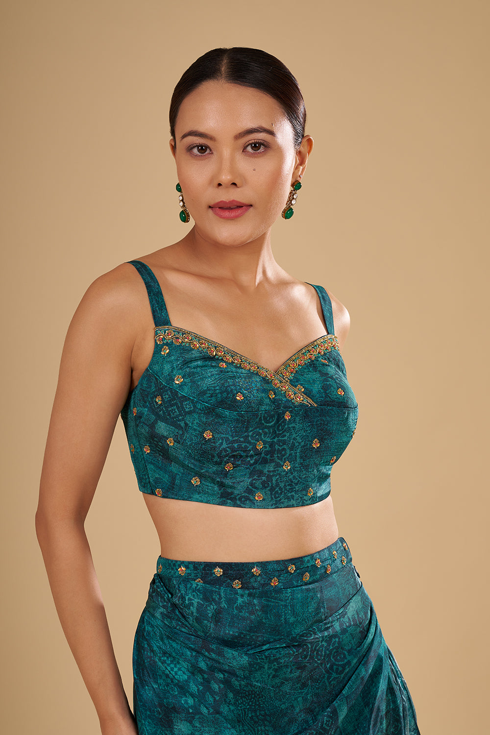 Emerald Printed Pre Draped Skirt Set with Thread Embroidery