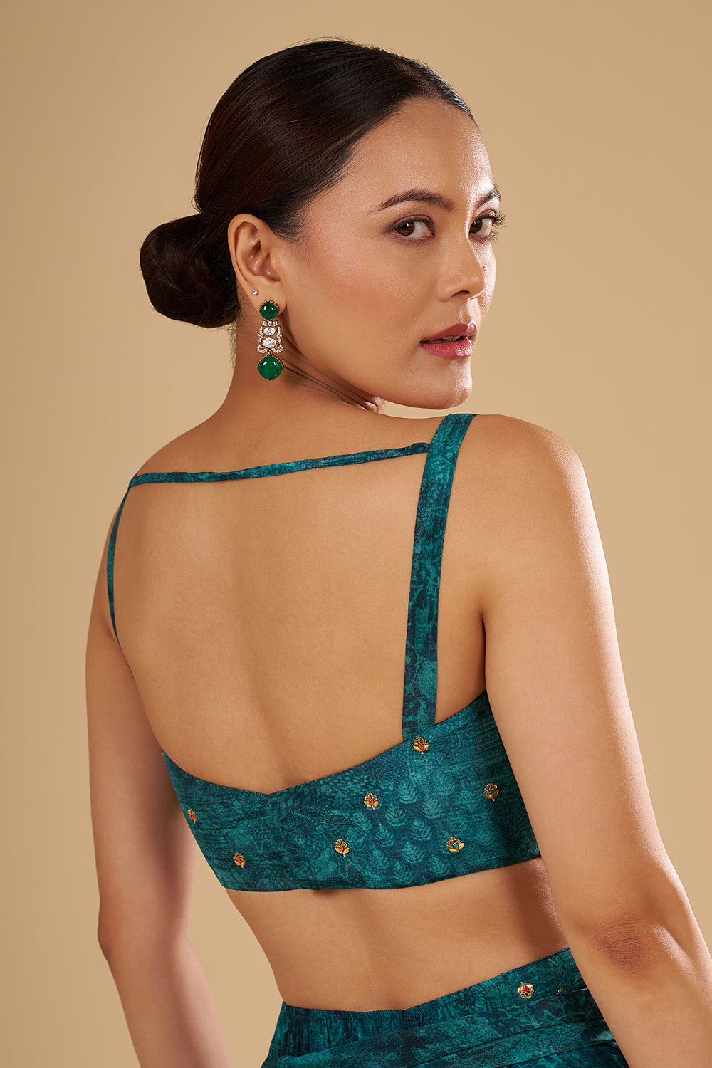Emerald Printed Pre Draped Skirt Set with Thread Embroidery