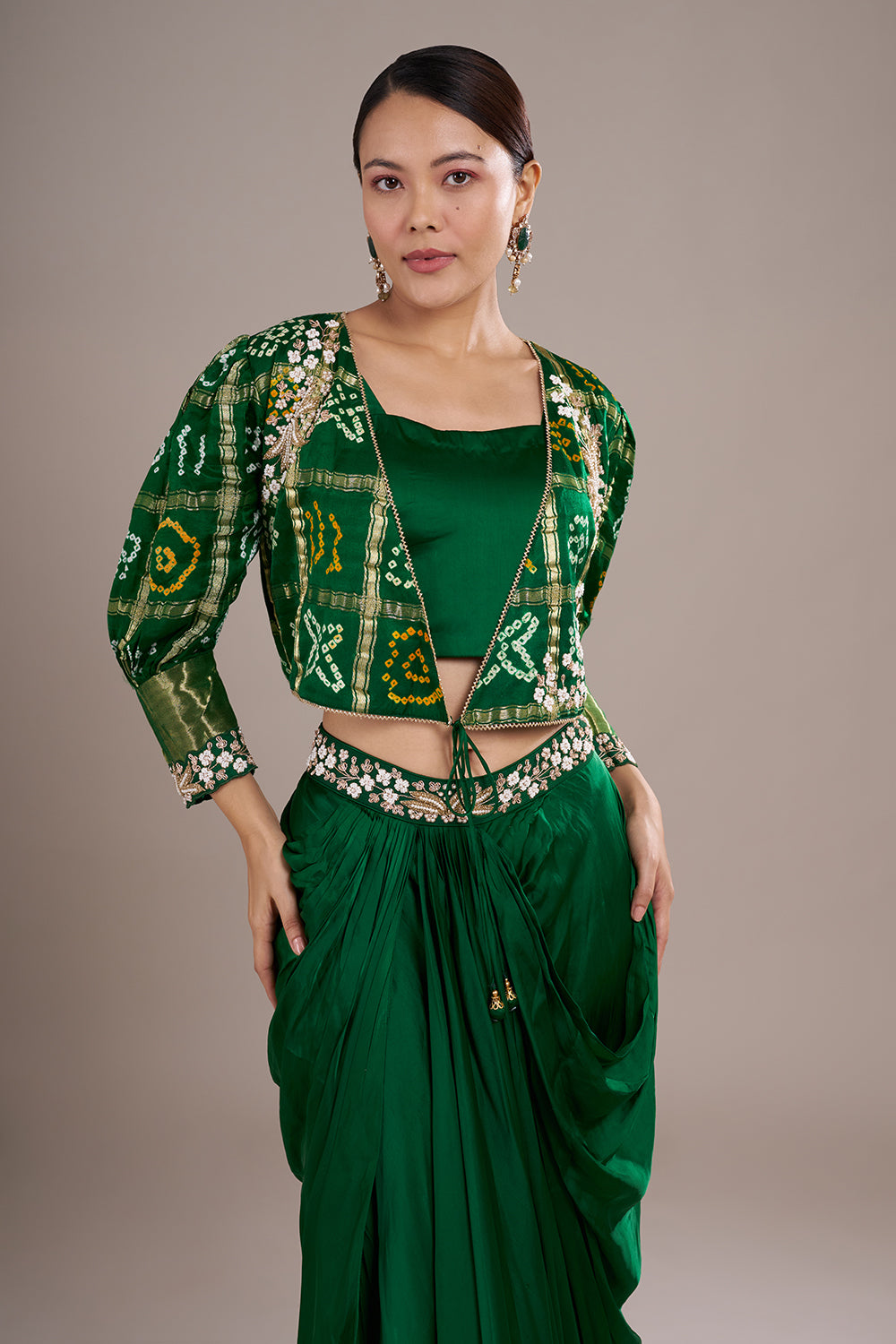 Emerald Satin Silk Draped Skirt Set with Bandhani Jacket & Zari Embroidery