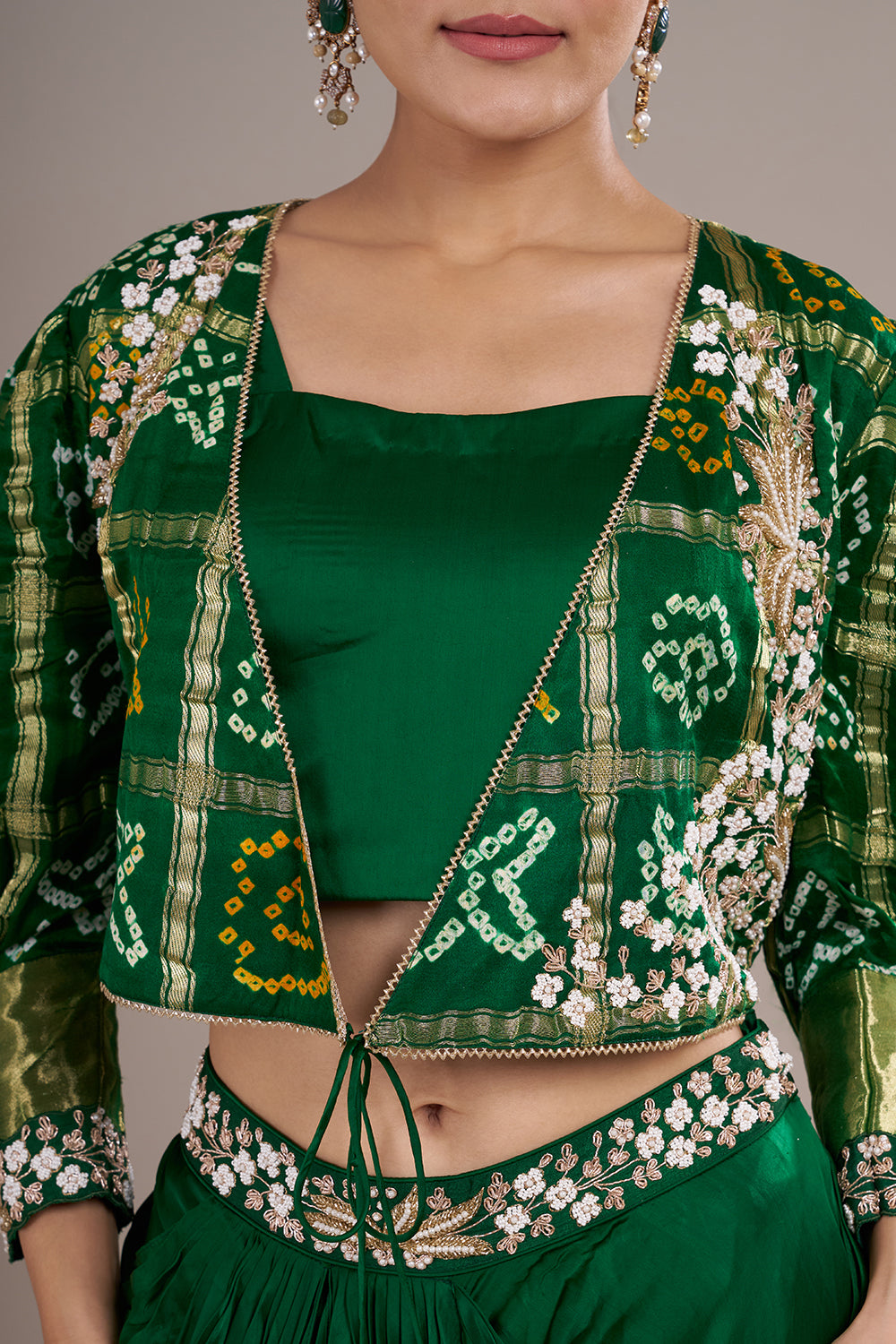 Emerald Satin Silk Draped Skirt Set with Bandhani Jacket & Zari Embroidery