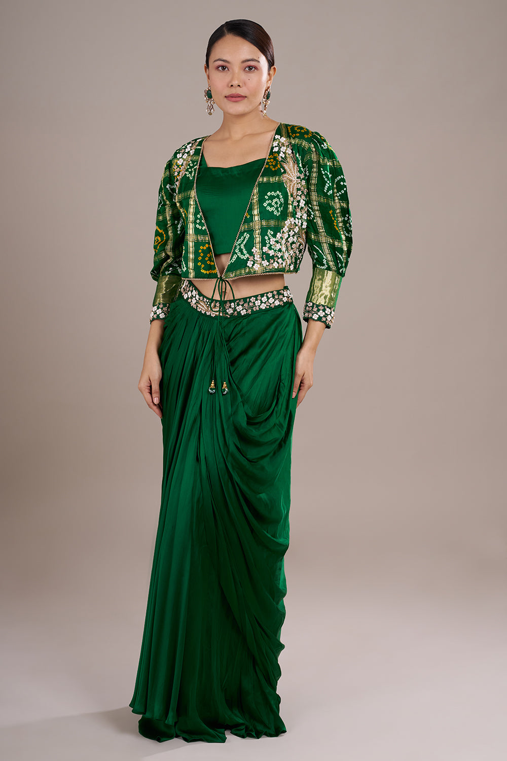 Emerald Satin Silk Draped Skirt Set with Bandhani Jacket & Zari Embroidery