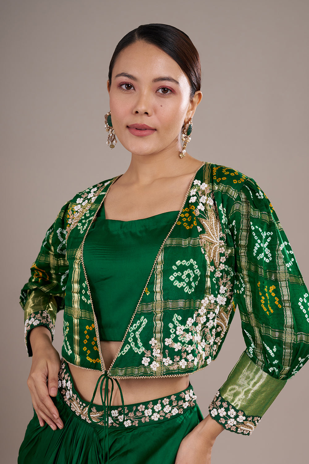 Emerald Satin Silk Draped Skirt Set with Bandhani Jacket & Zari Embroidery