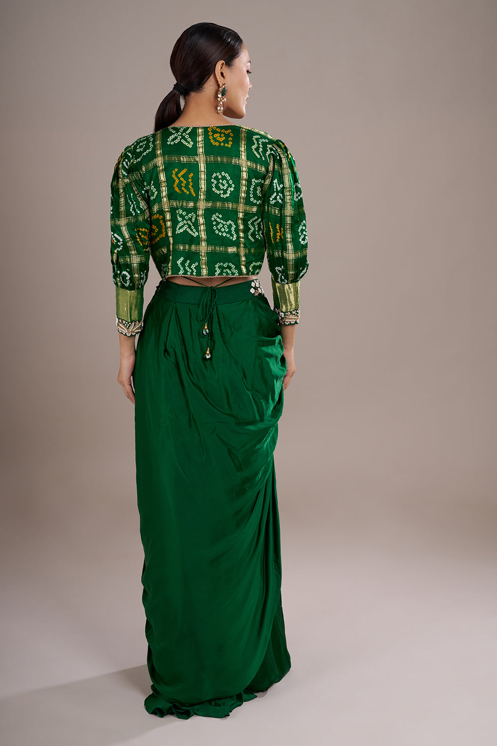 Emerald Satin Silk Draped Skirt Set with Bandhani Jacket & Zari Embroidery