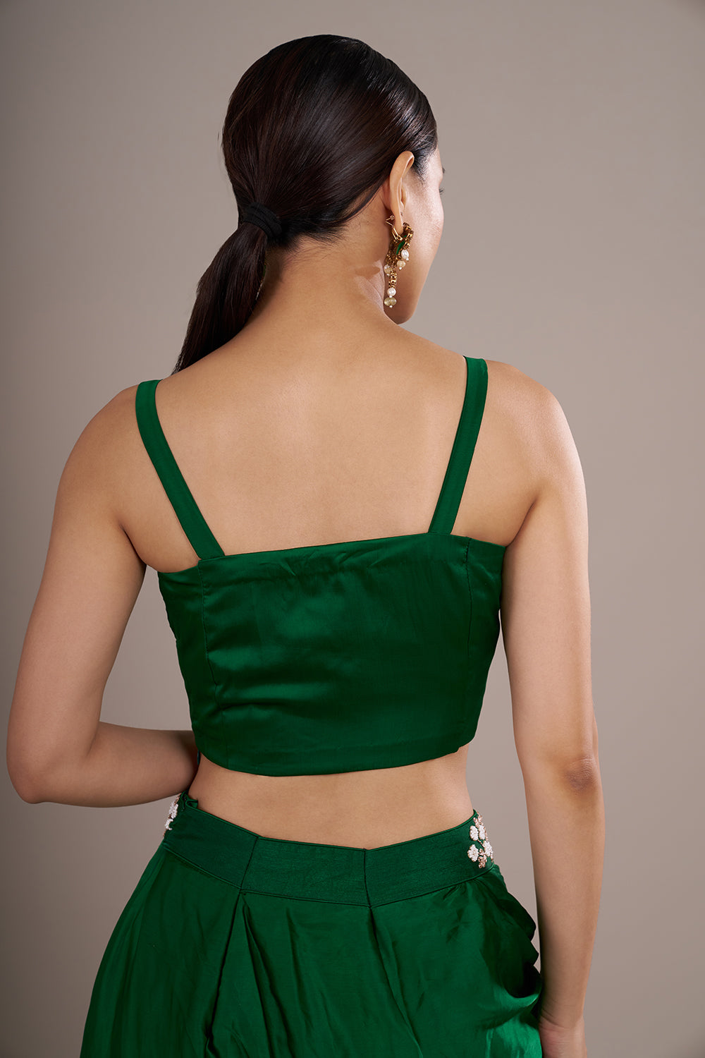 Emerald Satin Silk Draped Skirt Set with Bandhani Jacket & Zari Embroidery