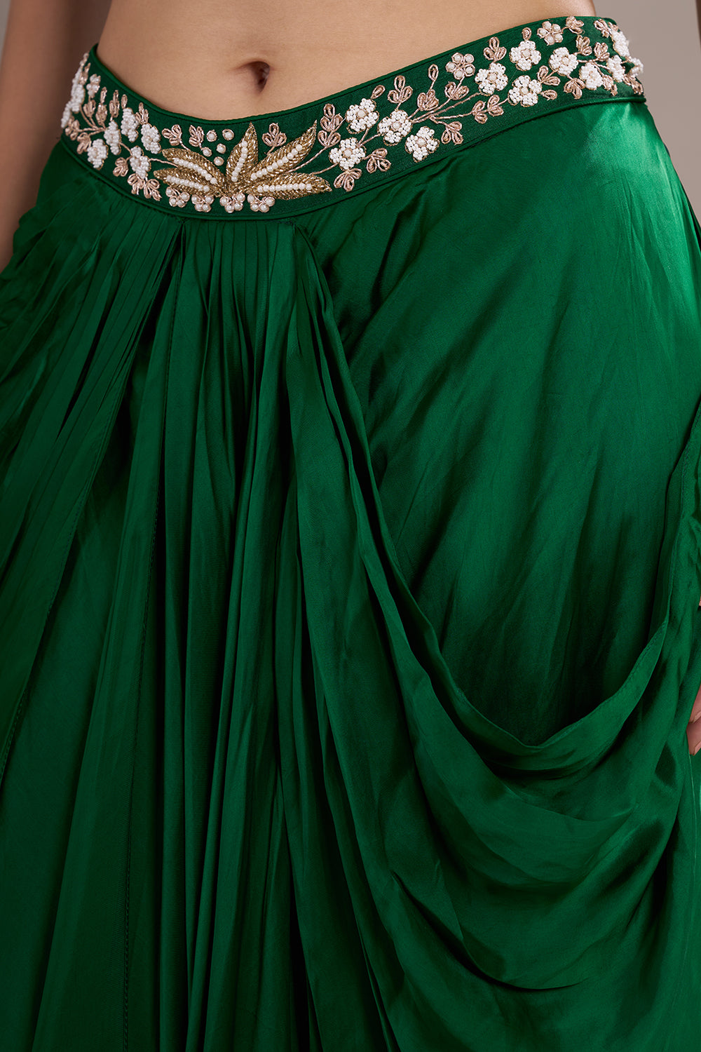 Emerald Satin Silk Draped Skirt Set with Bandhani Jacket & Zari Embroidery