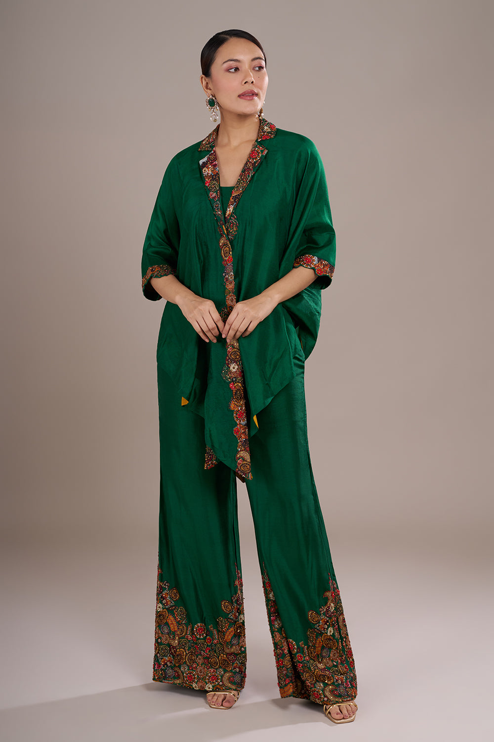 Emerald Silk Blend Kaftan Co-ord Set with Printed & Hand Embellished Borders