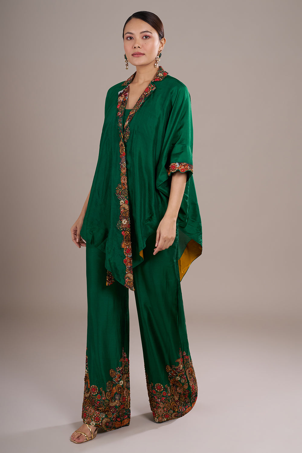Emerald Silk Blend Kaftan Co-ord Set with Printed & Hand Embellished Borders