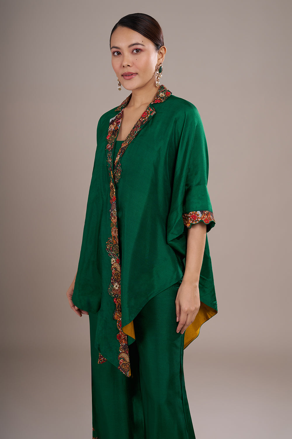 Emerald Silk Blend Kaftan Co-ord Set with Printed & Hand Embellished Borders
