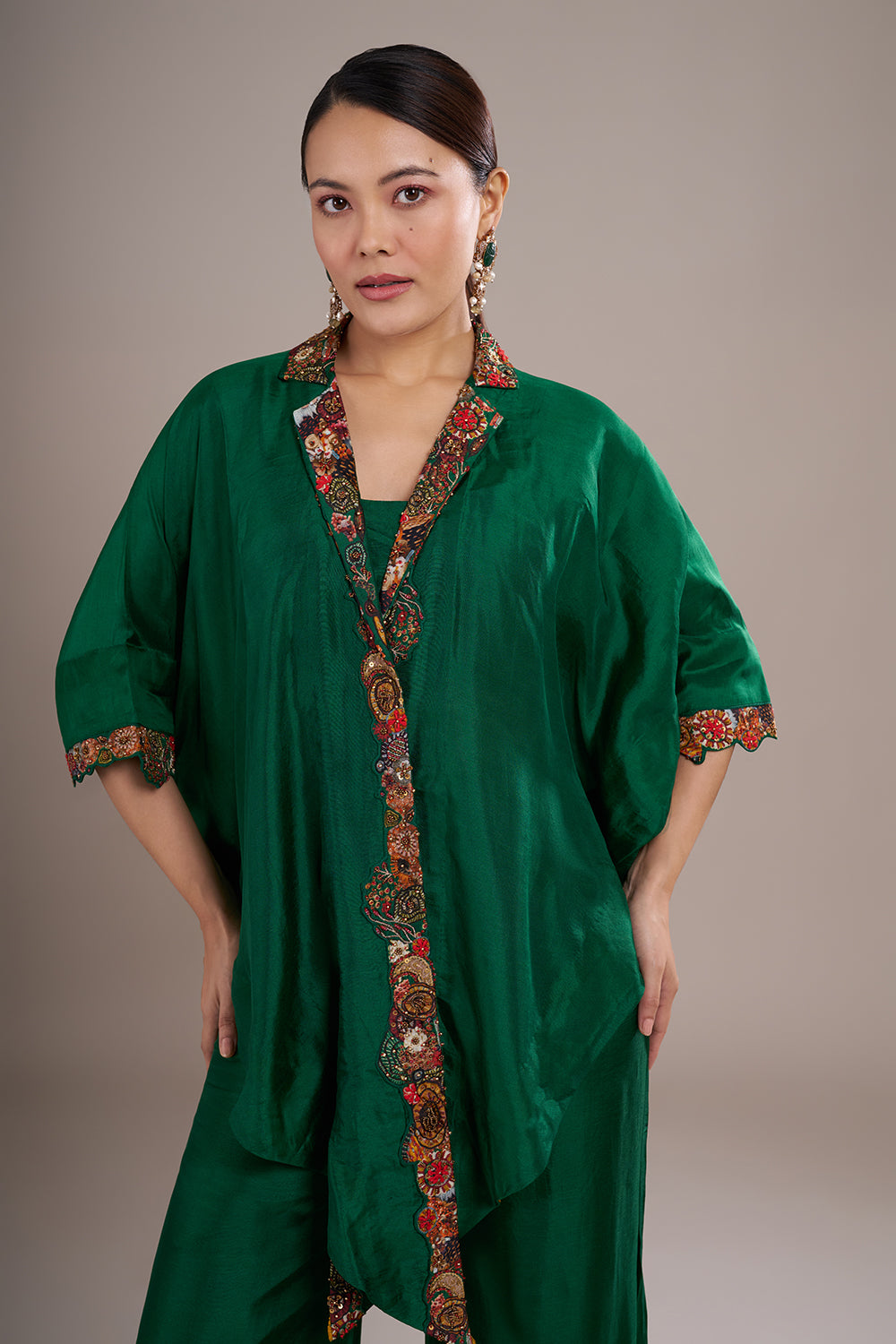 Emerald Silk Blend Kaftan Co-ord Set with Printed & Hand Embellished Borders