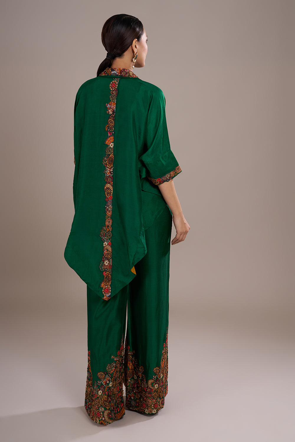 Emerald Silk Blend Kaftan Co-ord Set with Printed & Hand Embellished Borders