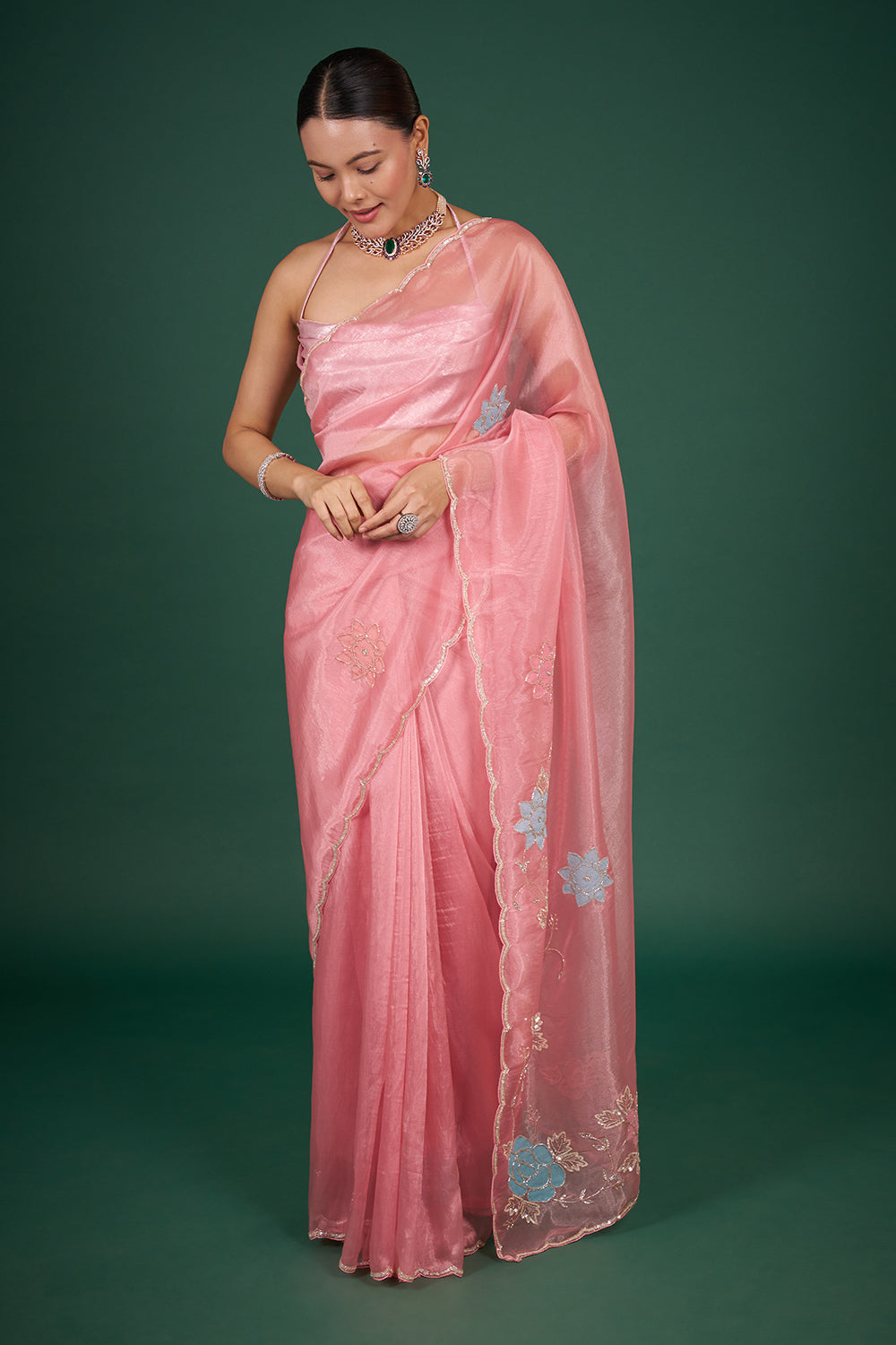 Pink Shimmer Organza Saree with Floral Embroidery and Unstitched Blouse