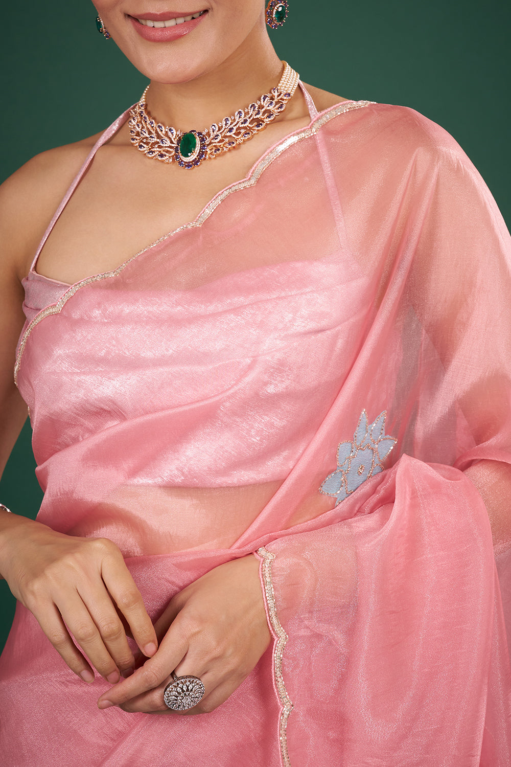 Pink Shimmer Organza Saree with Floral Embroidery and Unstitched Blouse