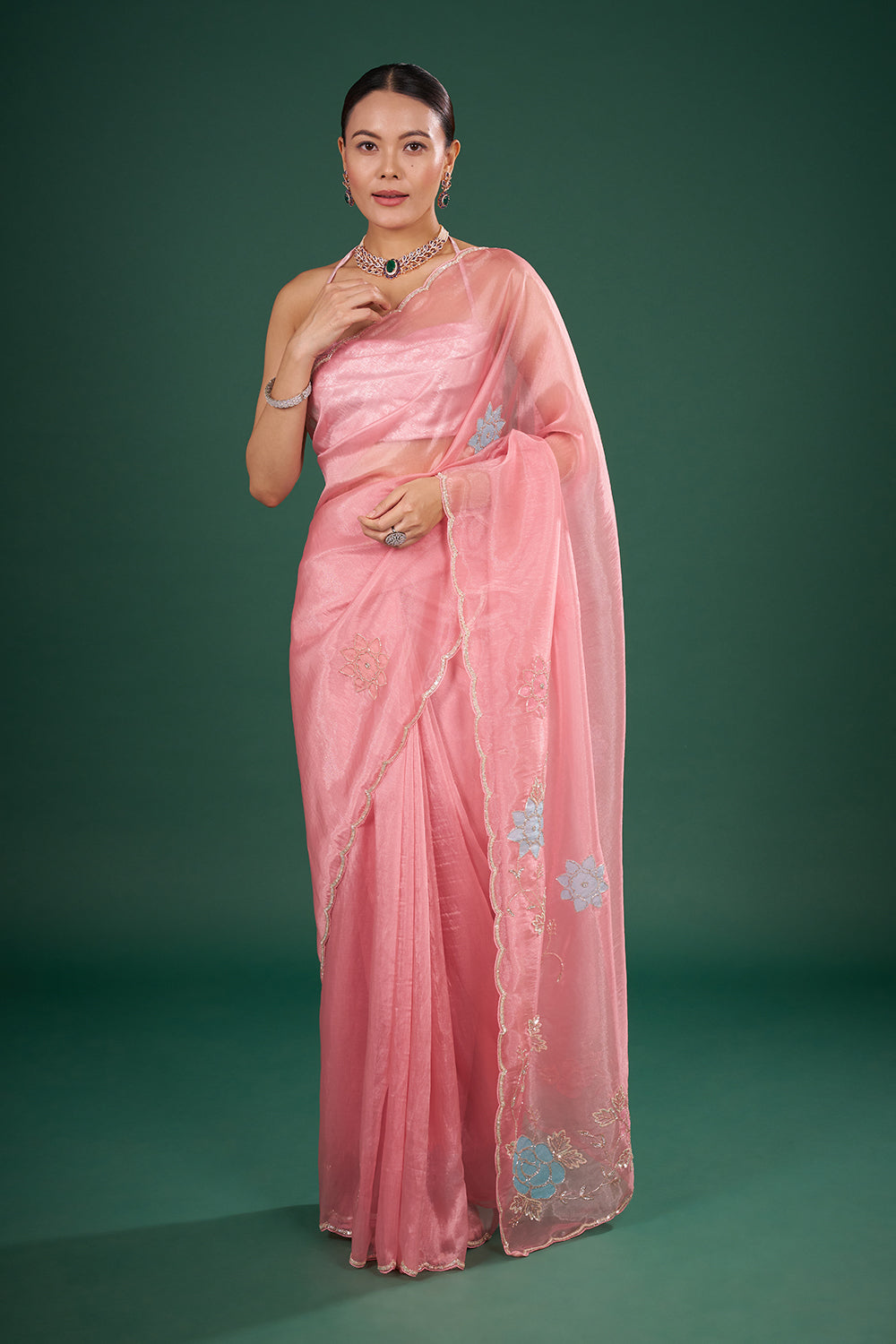 Pink Shimmer Organza Saree with Floral Embroidery and Unstitched Blouse