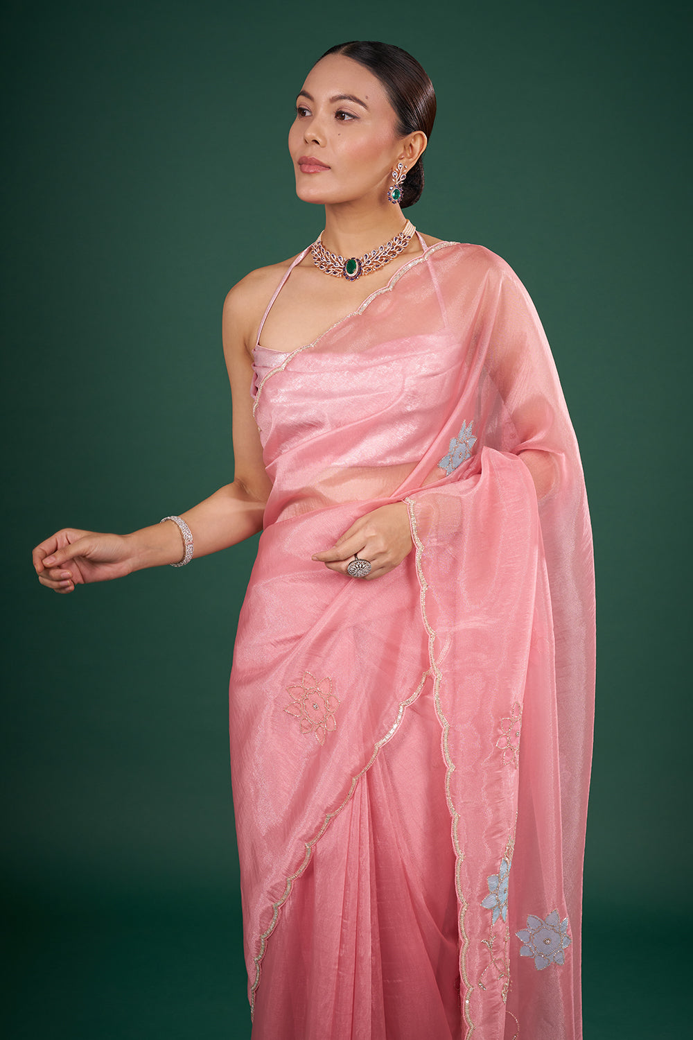 Pink Shimmer Organza Saree with Floral Embroidery and Unstitched Blouse